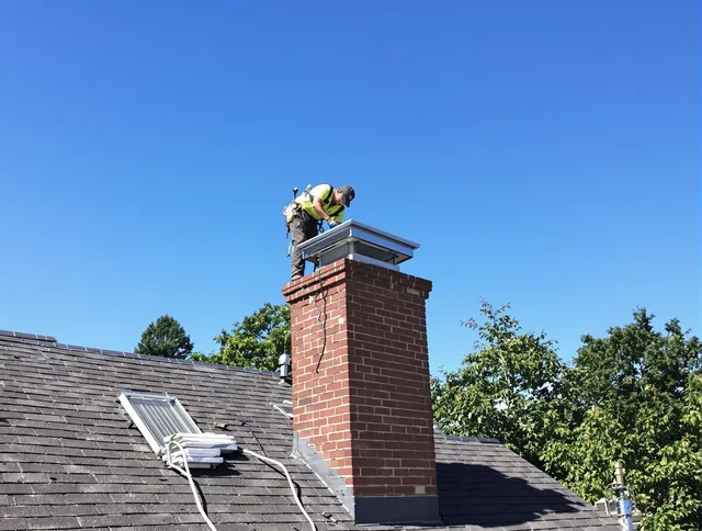 Norton Chimney Sweep technician measuring a chimney cap in Norton, MA