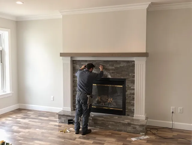 Norton Chimney Sweep finishing a custom fireplace install in Norton, MA